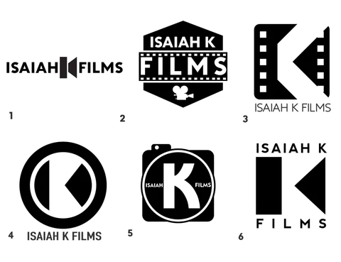 Sheet of six black and white film production logo concepts with camera, film strip, and letter K marks, drawn by Hardiewear