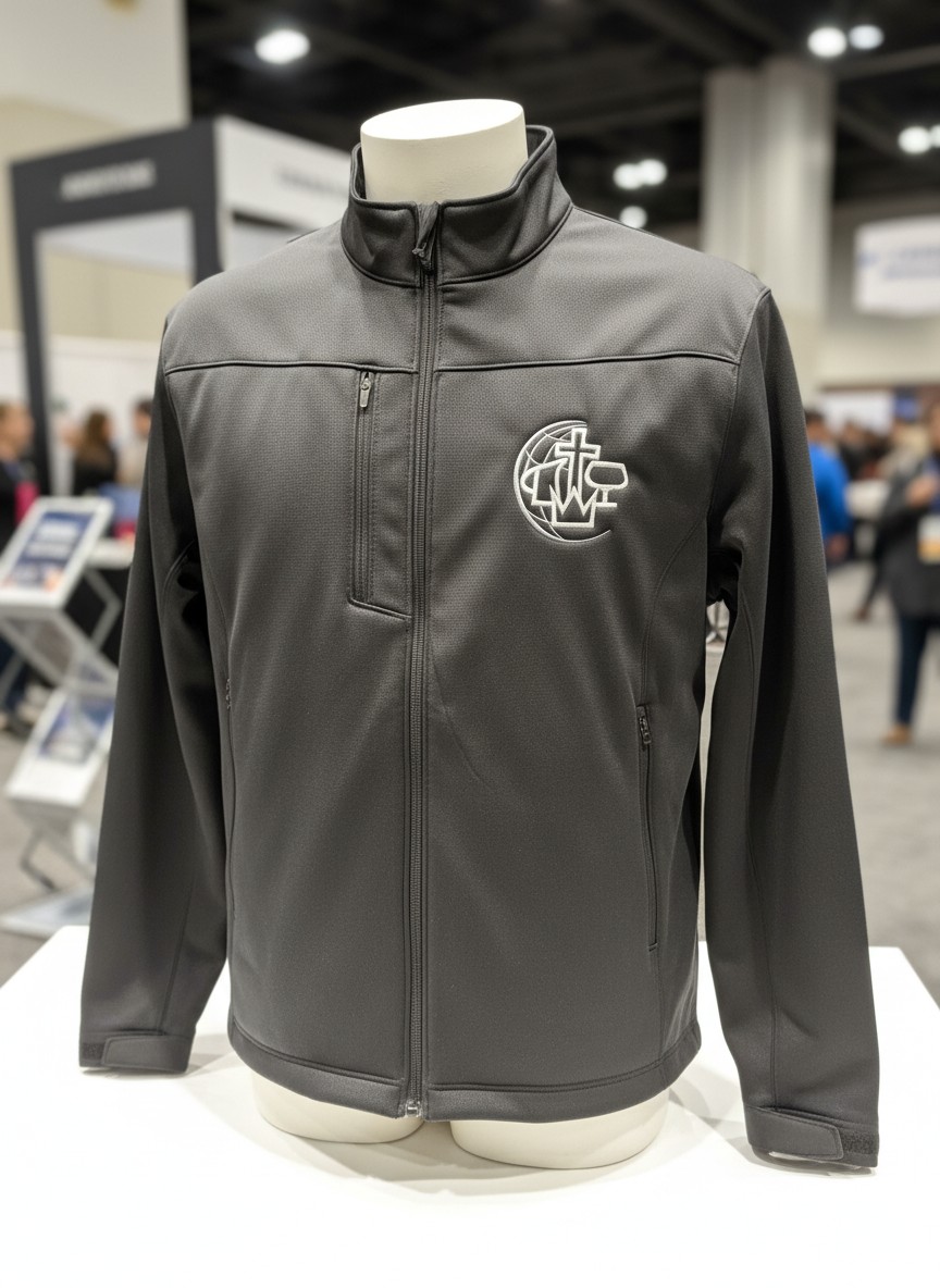 Gray soft-shell jacket with a custom white embroidered logo by Hardiewear