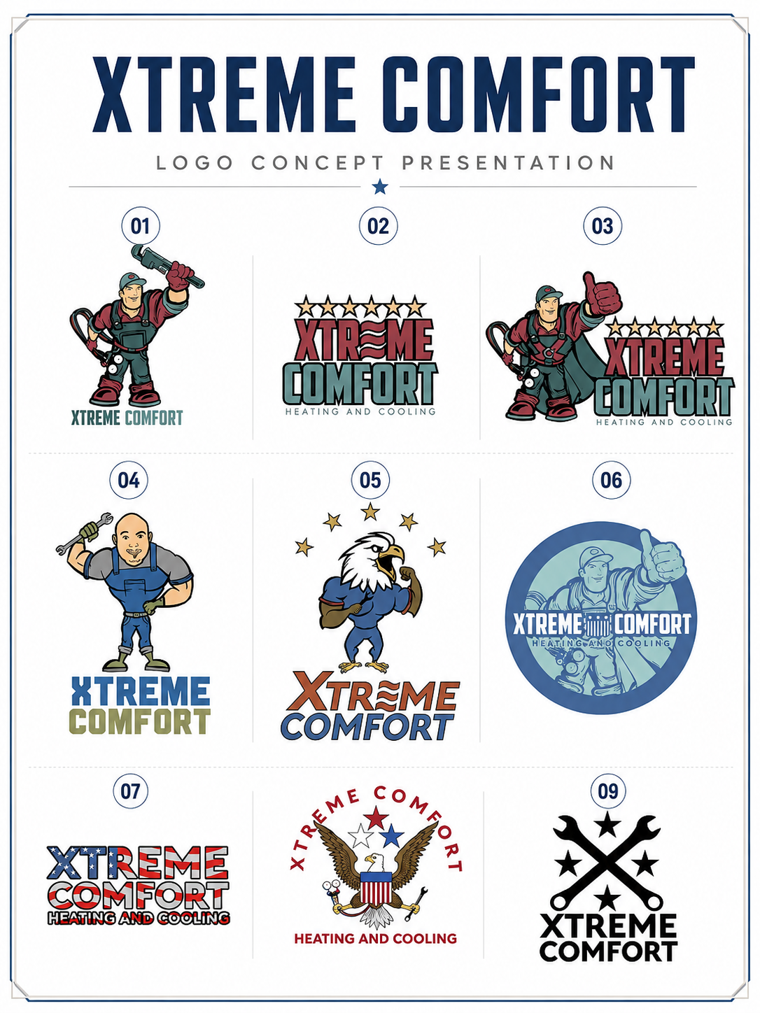 Presentation sheet of nine custom heating and cooling logo concepts by Hardiewear, including a technician mascot, an eagle, and crossed wrenches