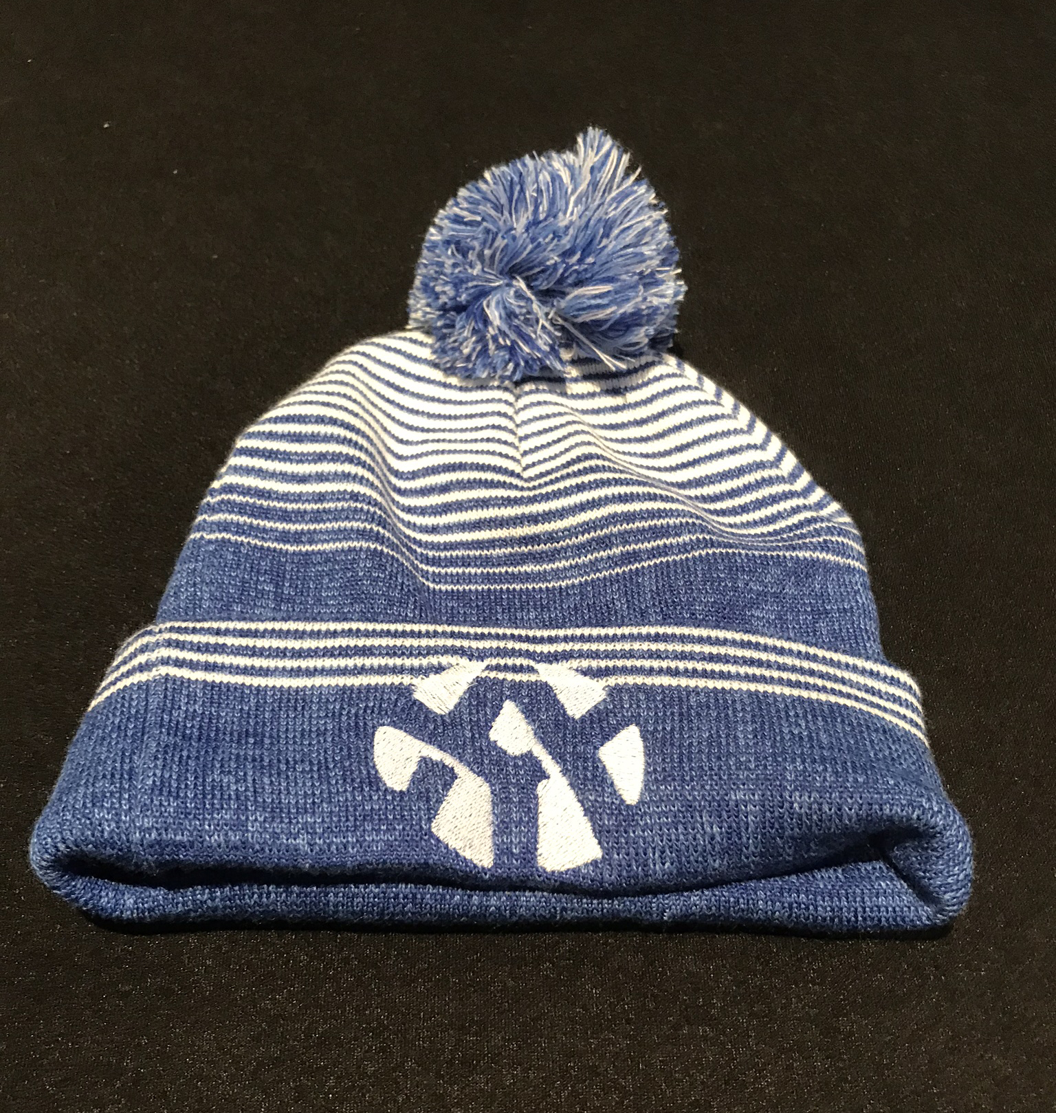 Navy striped pom beanie with custom embroidery by Hardiewear
