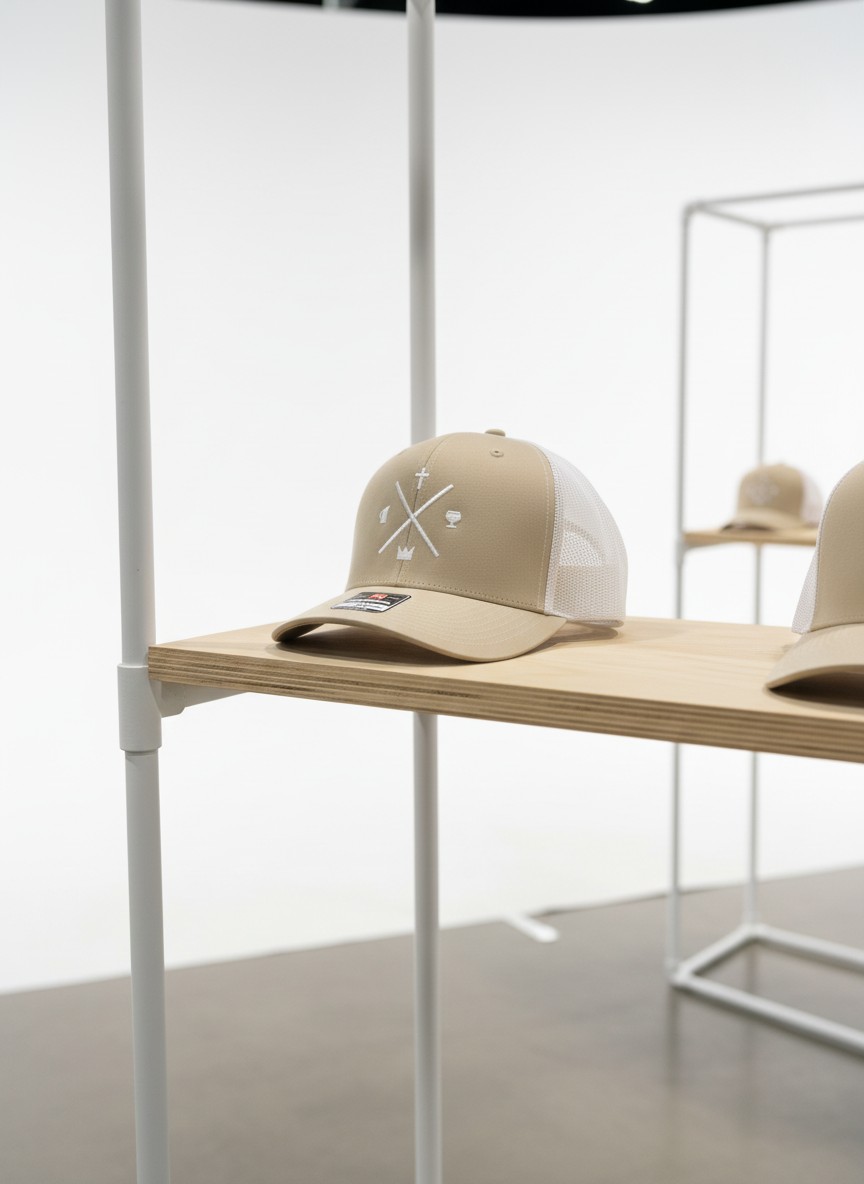 Khaki trucker cap with custom white embroidered icons by Hardiewear