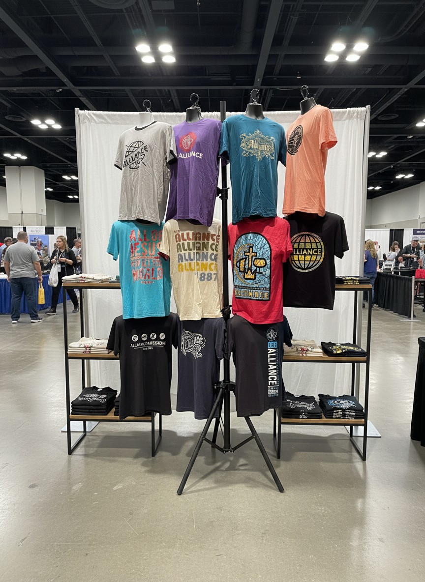 Custom branded t-shirts and event tees displayed on a convention booth rack by Hardiewear