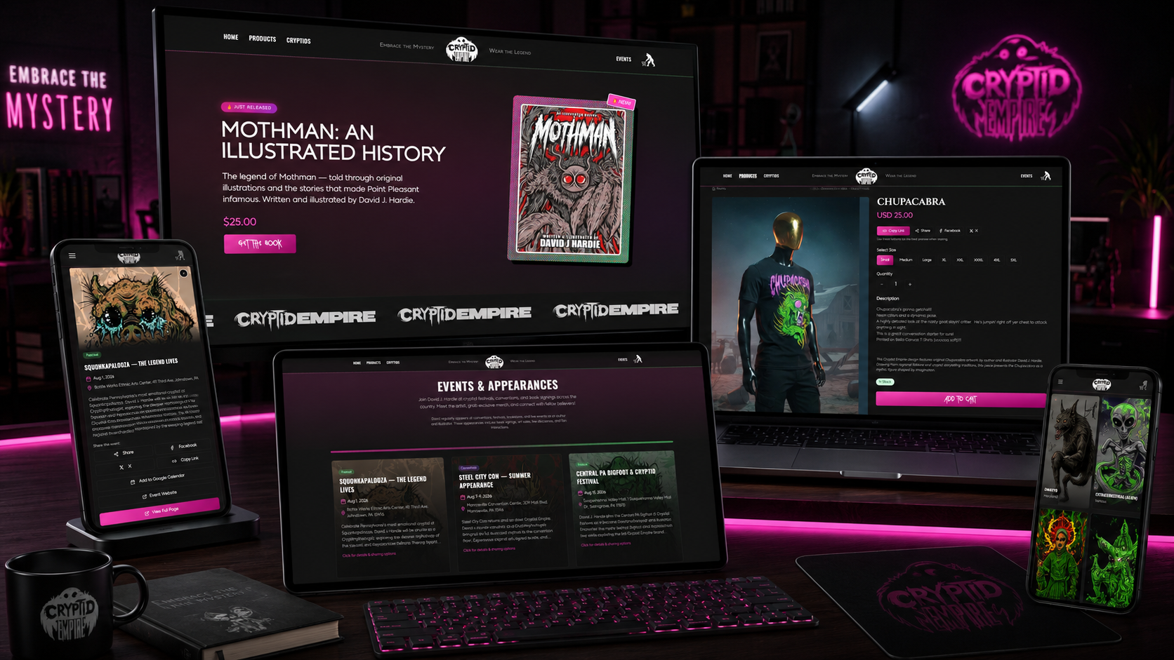 Full brand identity rollout by Hardiewear shown across a website, phones, tablet, mug, notebook, and printed apparel in neon pink lighting