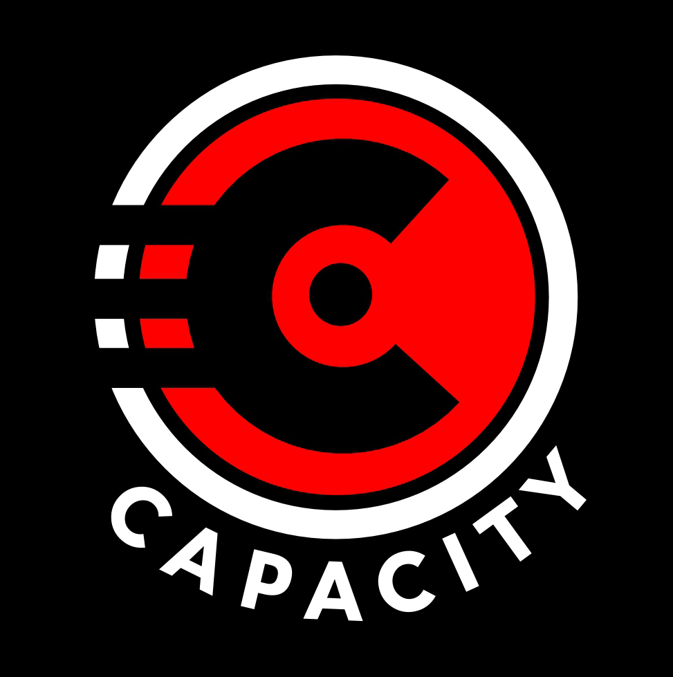 Bold red and white circular letter C logo mark drawn by Hardiewear for a fitness and capacity brand