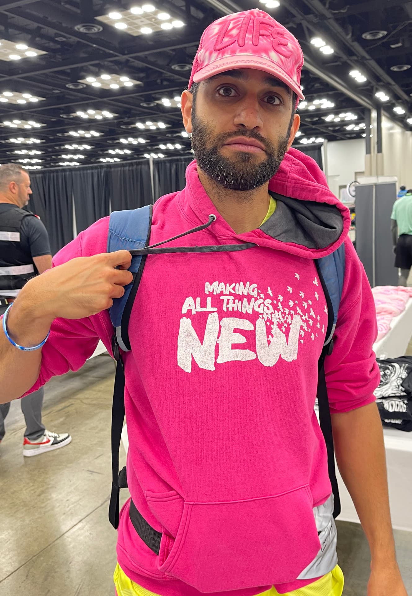 Custom printed hot pink hoodie and matching embroidered cap by Hardiewear