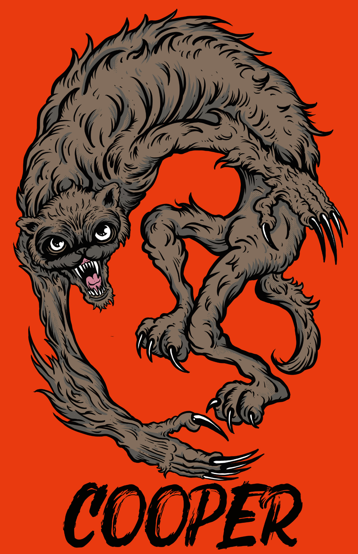 Hand-drawn snarling werewolf character illustration on an orange background, drawn by Hardiewear