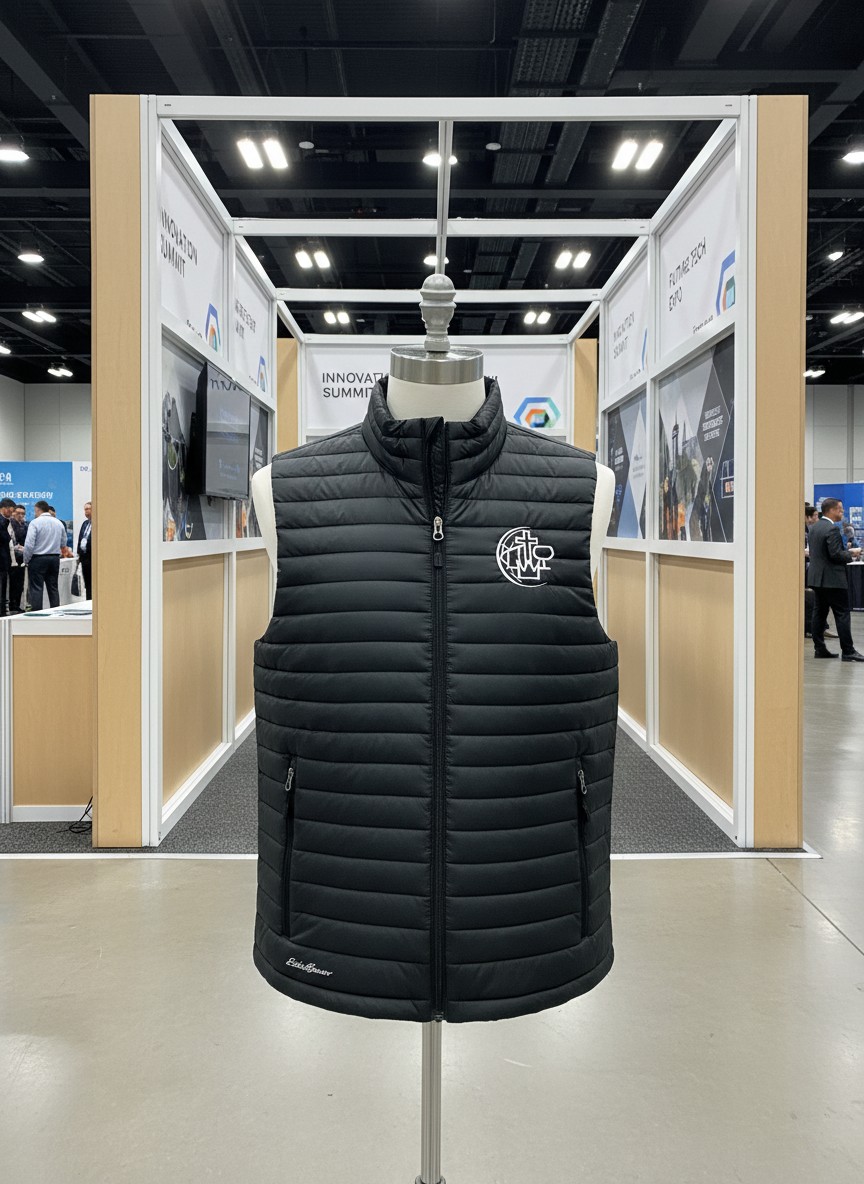 Black quilted puffer vest with a custom white embroidered logo on the chest by Hardiewear