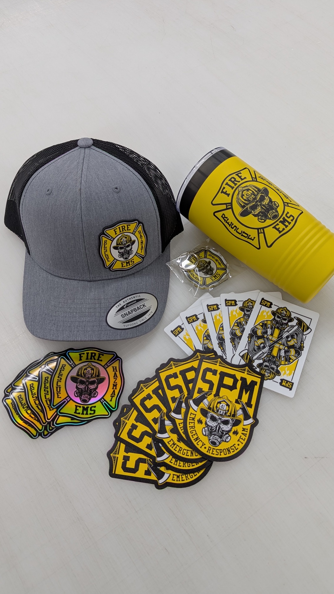 Custom fire and rescue merch set with embroidered cap, tumbler, patches and stickers by Hardiewear