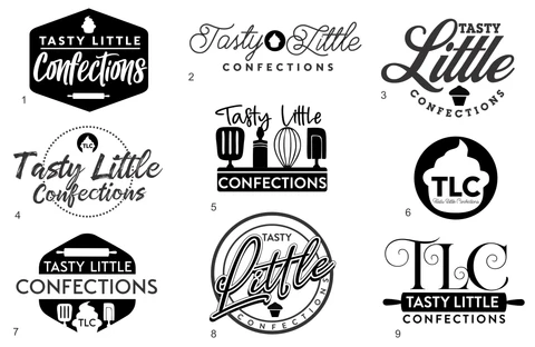 Sheet of nine black and white bakery logo concepts mixing hand-lettered script, badges, and a TLC monogram, drawn by Hardiewear